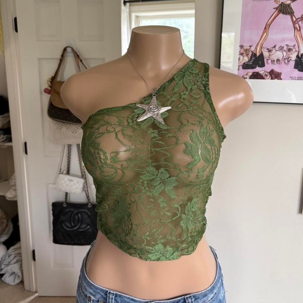 y2k 2000s green lace one shoulder asymmetrical sheer top